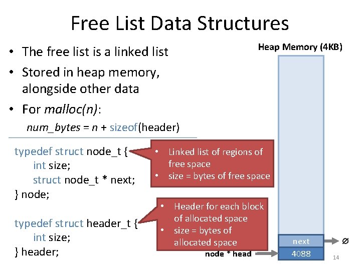 Free List Data Structures Heap Memory (4 KB) • The free list is a
