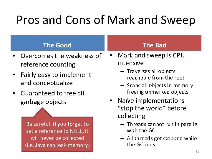 Pros and Cons of Mark and Sweep The Good • Overcomes the weakness of