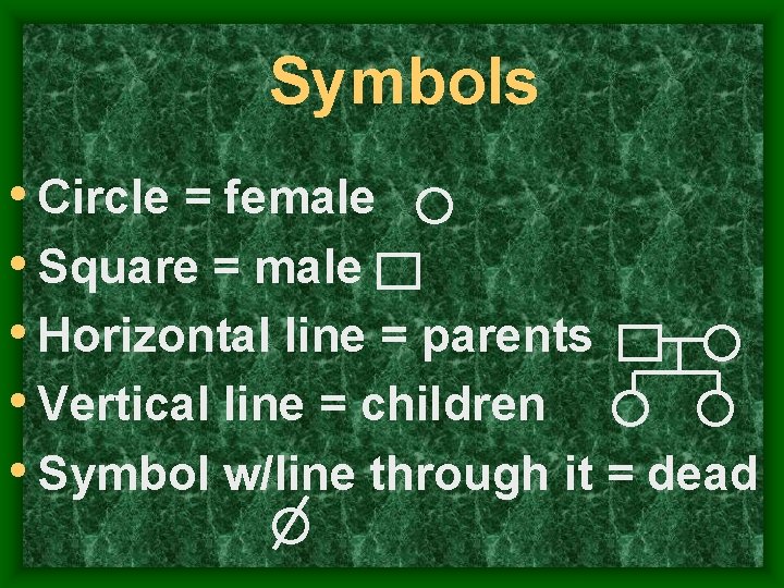 Symbols • Circle = female • Square = male • Horizontal line = parents