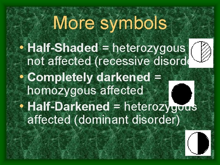 More symbols • Half-Shaded = heterozygous not affected (recessive disorder) • Completely darkened =