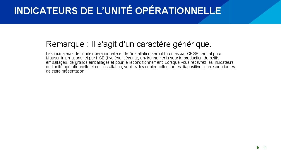 INDICATEURS DE L’UNITÉ OPÉRATIONNELLE Remarque : Il s’agit d’un caractère générique. Les indicateurs de