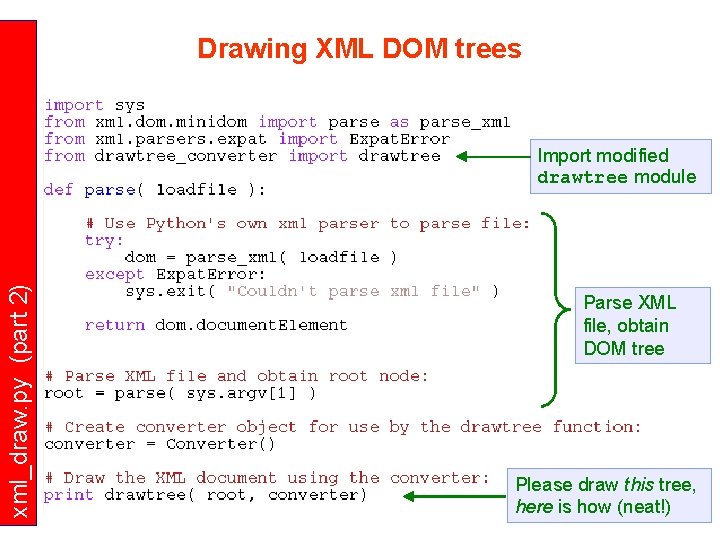 Drawing XML DOM trees xml_draw. py (part 2) Import modified drawtree module Parse XML