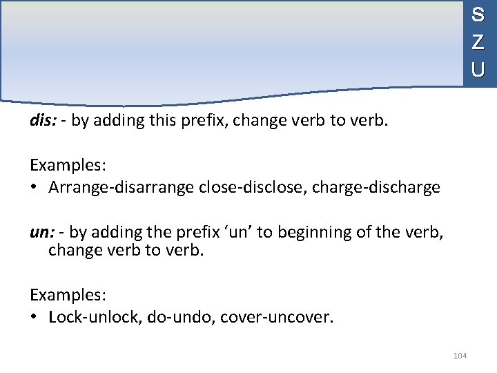 S Z U dis: - by adding this prefix, change verb to verb. Examples: