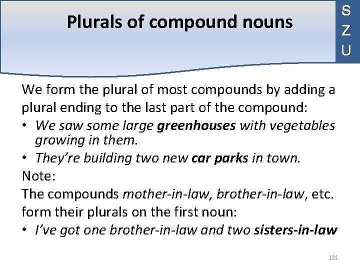 S Z U Plurals of compound nouns We form the plural of most compounds