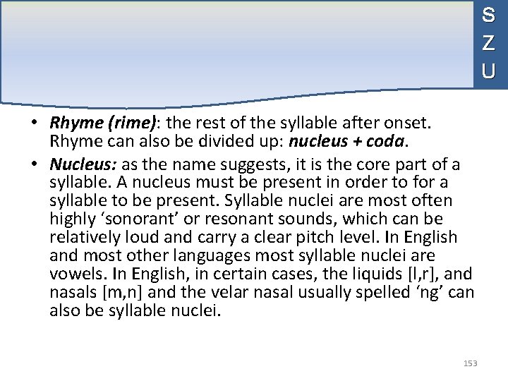 S Z U • Rhyme (rime): the rest of the syllable after onset. Rhyme