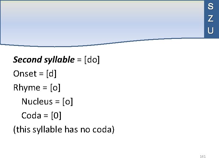 S Z U Second syllable = [do] Onset = [d] Rhyme = [o] Nucleus