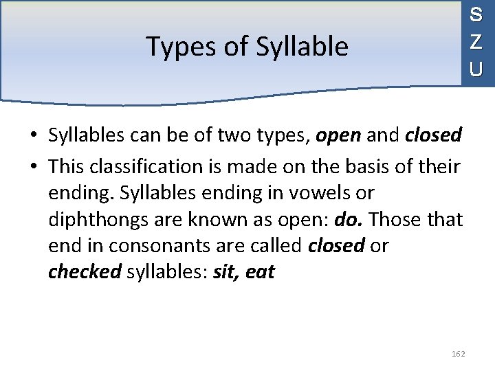 S Z U Types of Syllable • Syllables can be of two types, open