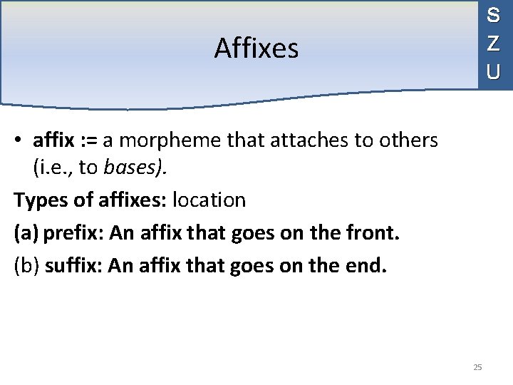 S Z U Affixes • affix : = a morpheme that attaches to others