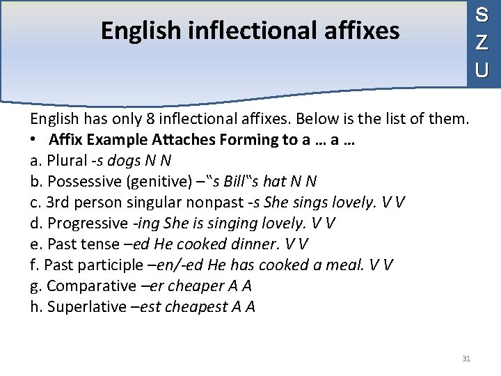 S Z U English inflectional affixes English has only 8 inflectional affixes. Below is