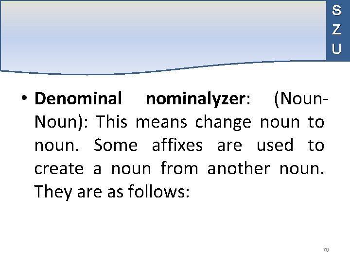 S Z U • Denominalyzer: (Noun): This means change noun to noun. Some affixes