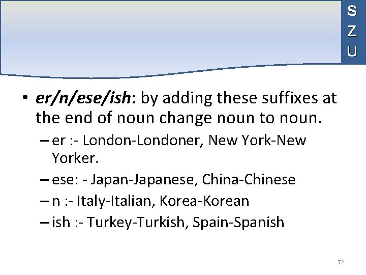 S Z U • er/n/ese/ish: by adding these suffixes at the end of noun