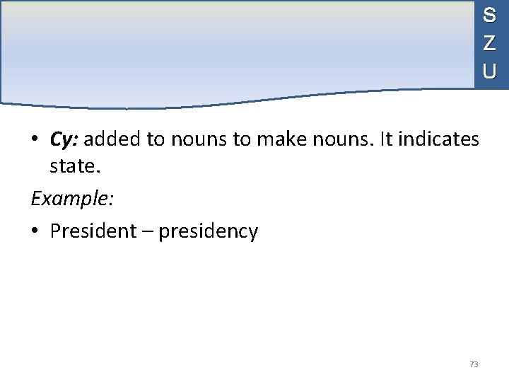 S Z U • Cy: added to nouns to make nouns. It indicates state.