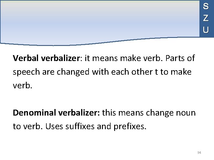 S Z U Verbal verbalizer: it means make verb. Parts of speech are changed