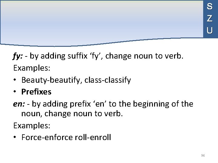 S Z U fy: - by adding suffix ‘fy’, change noun to verb. Examples: