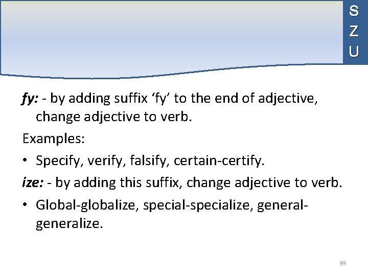 S Z U fy: - by adding suffix ‘fy’ to the end of adjective,