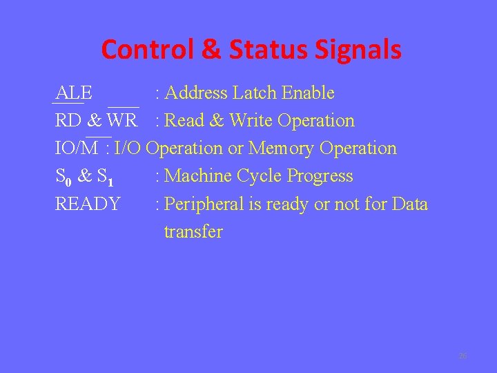 Control & Status Signals ALE : Address Latch Enable RD & WR : Read