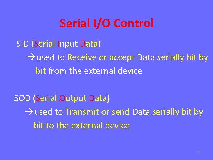 Serial I/O Control SID (Serial Input Data) used to Receive or accept Data serially