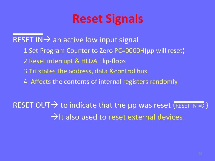 Reset Signals RESET IN an active low input signal 1. Set Program Counter to