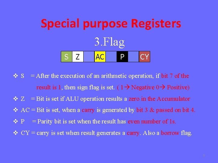 Special purpose Registers 3. Flag S Z AC P CY v S = After