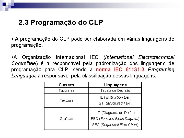 2. 3 Programação do CLP § A programação do CLP pode ser elaborada em