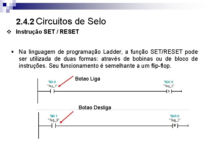 2. 4. 2 Circuitos de Selo v Instrução SET / RESET § Na linguagem