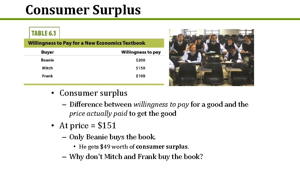 Consumer Surplus • Consumer surplus – Difference between willingness to pay for a good