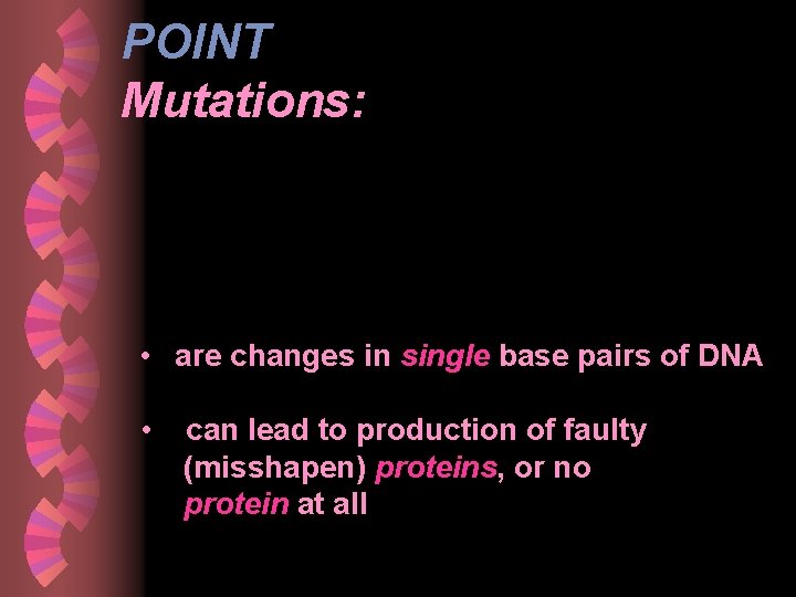 POINT Mutations: • are changes in single base pairs of DNA • can lead