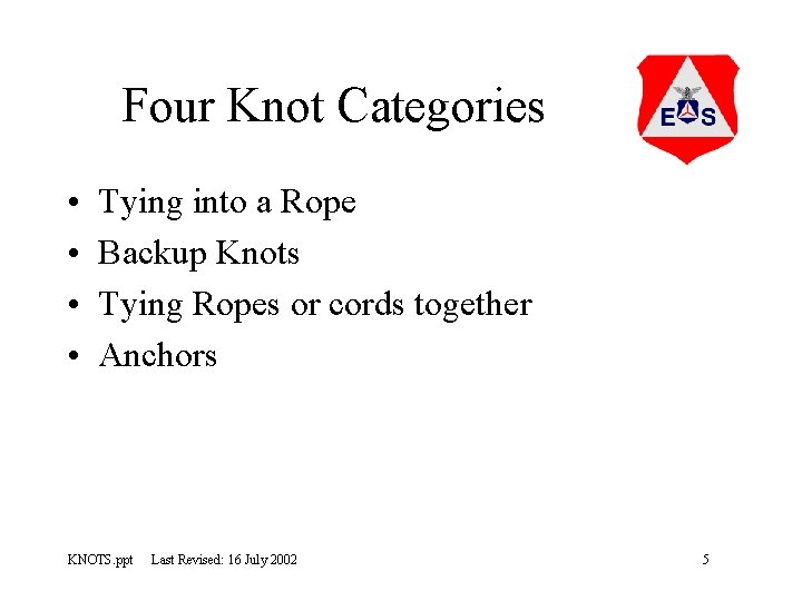 Four Knot Categories • • Tying into a Rope Backup Knots Tying Ropes or