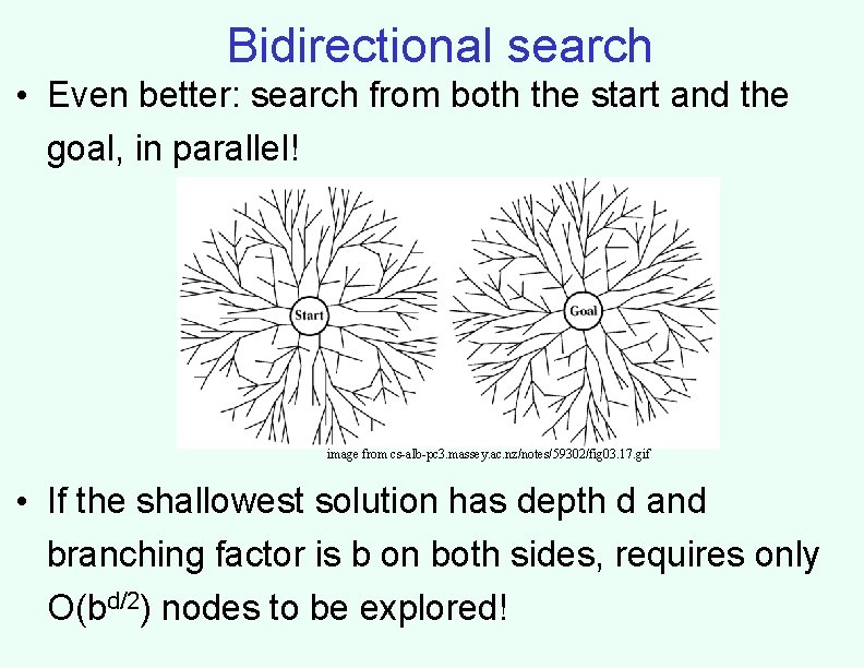 Bidirectional search • Even better: search from both the start and the goal, in