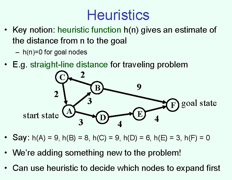 Heuristics • Key notion: heuristic function h(n) gives an estimate of the distance from