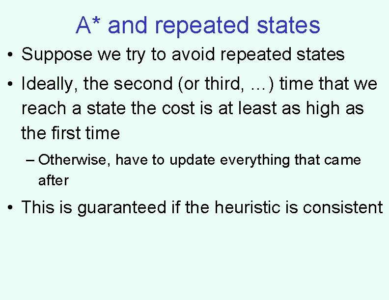 A* and repeated states • Suppose we try to avoid repeated states • Ideally,