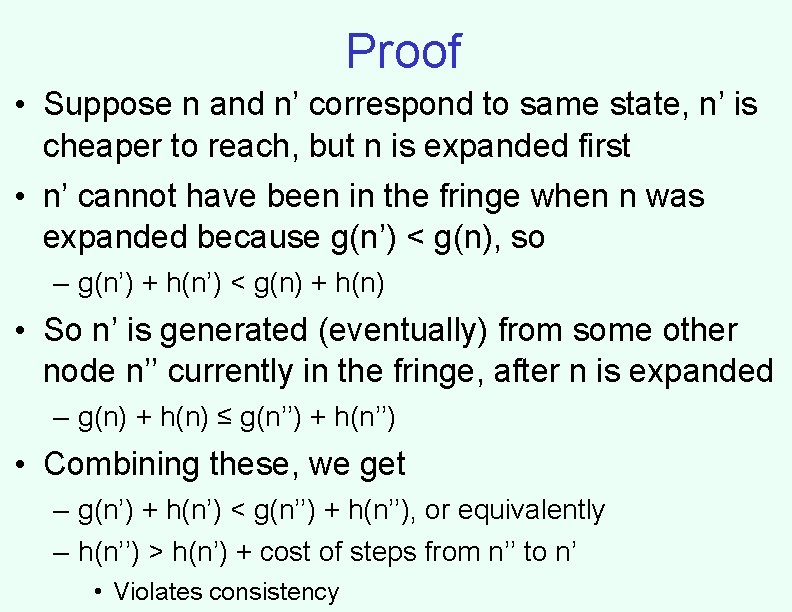 Proof • Suppose n and n’ correspond to same state, n’ is cheaper to