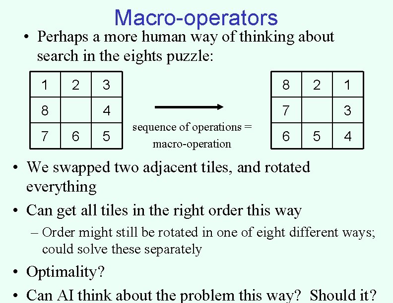 Macro-operators • Perhaps a more human way of thinking about search in the eights