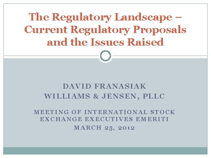 The Regulatory Landscape – Current Regulatory Proposals and the Issues Raised DAVID FRANASIAK WILLIAMS