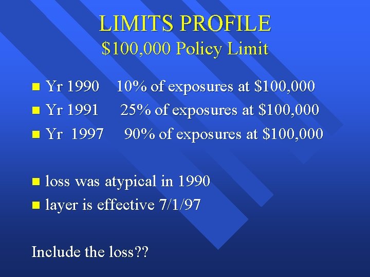 LIMITS PROFILE $100, 000 Policy Limit Yr 1990 10% of exposures at $100, 000