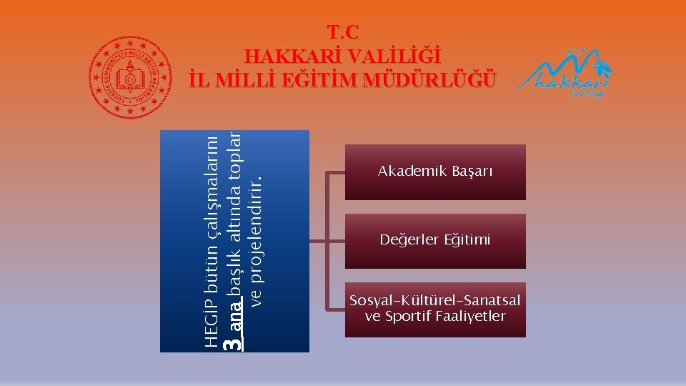 HEGİP bütün çalışmalarını 3 ana başlık altında toplar ve projelendirir. T. C HAKKARİ VALİLİĞİ