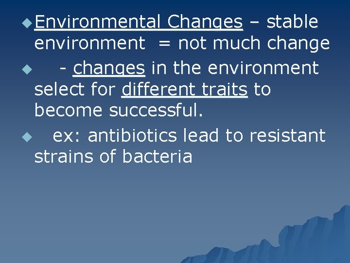 u Environmental Changes – stable environment = not much change u - changes in