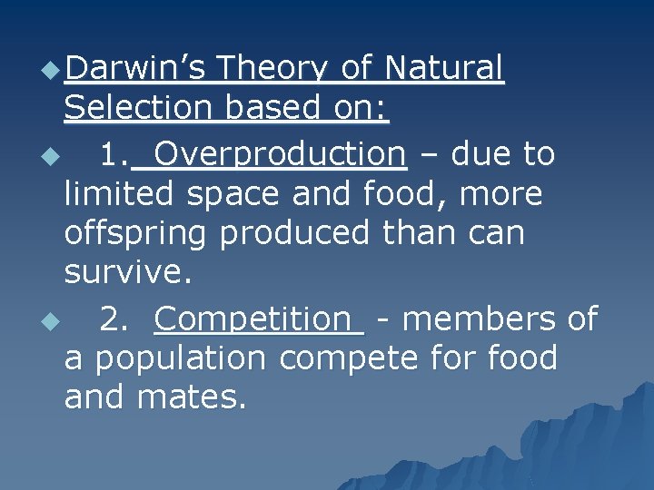 u Darwin’s Theory of Natural Selection based on: u 1. Overproduction – due to