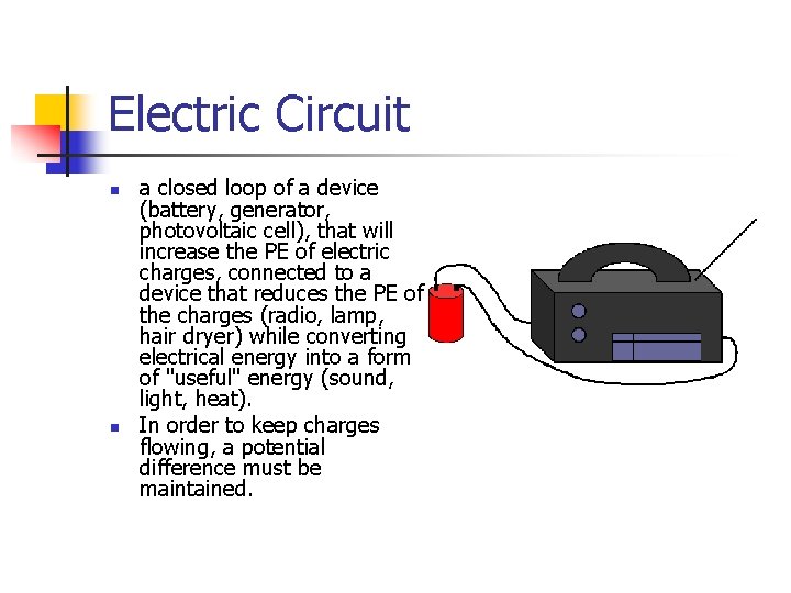 Electric Circuit n n a closed loop of a device (battery, generator, photovoltaic cell),