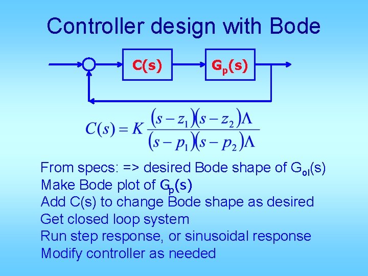 Controller design with Bode C(s) Gp(s) From specs: => desired Bode shape of Gol(s)