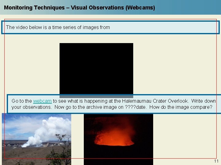 Monitoring Techniques – Visual Observations (Webcams) The video below is a time series of