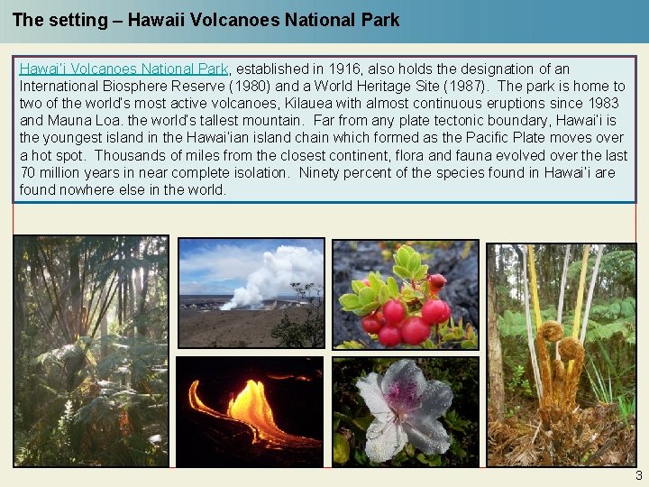 The setting – Hawaii Volcanoes National Park Hawai’i Volcanoes National Park, established in 1916,