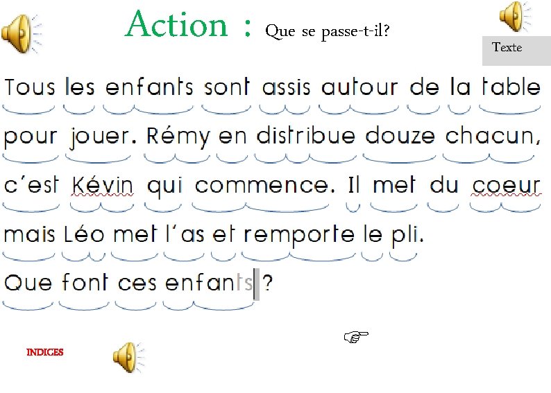 Action : Que se passe-t-il? Texte RÉPONSE: INDICES 