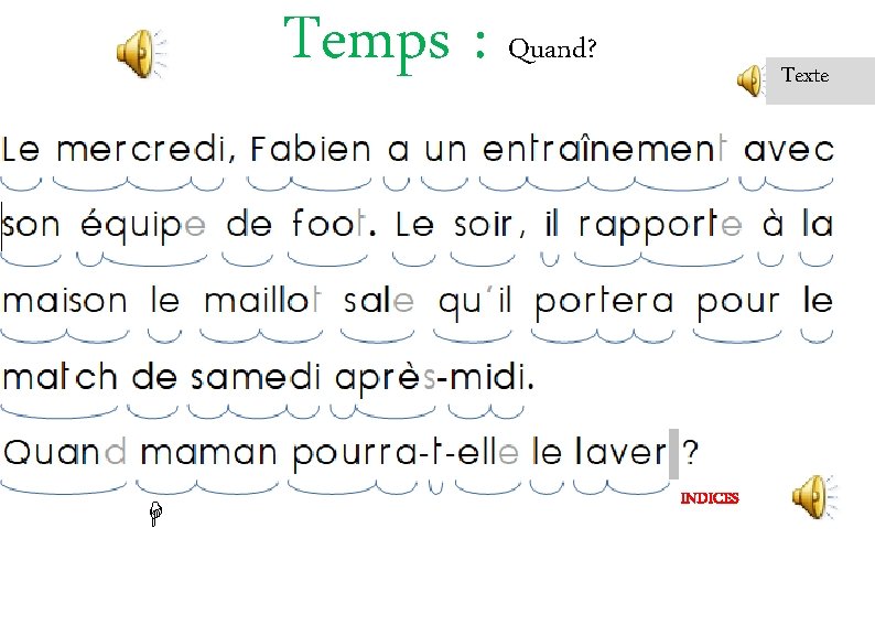 Temps : Quand? INDICES Aujourd’hui lundi mardi Texte mercredi RÉPONSE: Réponses possibles jeudi vendredi