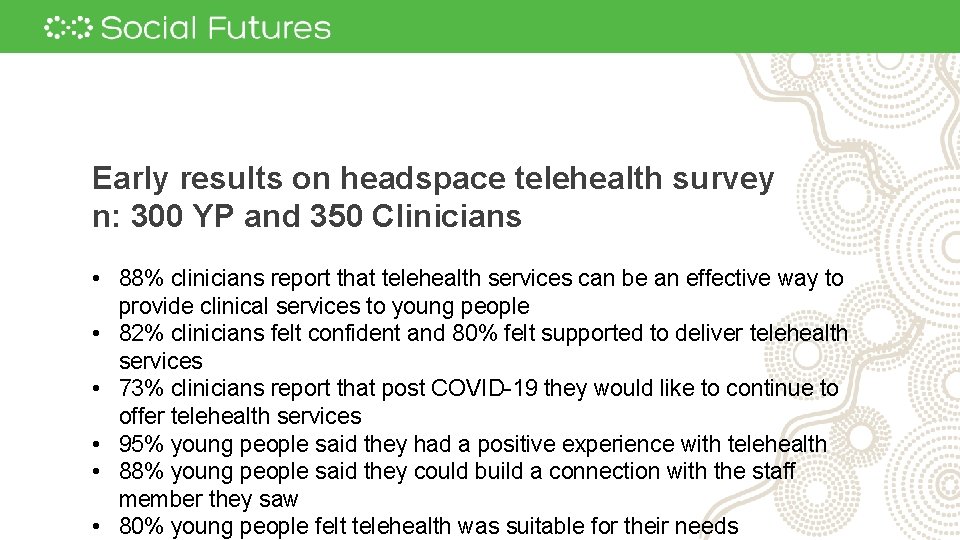 Early results on headspace telehealth survey n: 300 YP and 350 Clinicians • 88% Early results on headspace telehealth survey n: 300 YP and 350 Clinicians • 88%