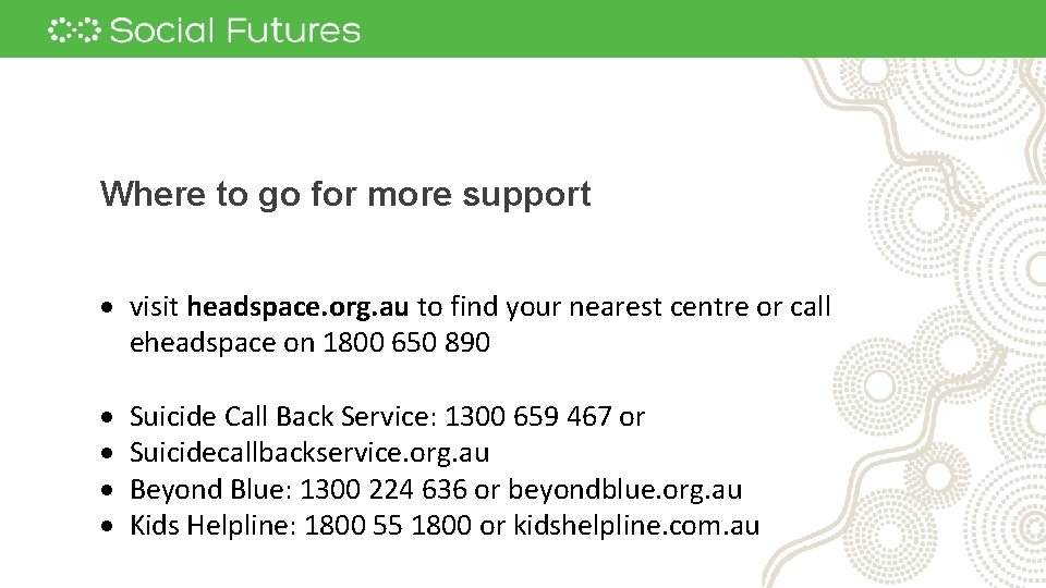 Where to go for more support visit headspace. org. au to find your nearest Where to go for more support visit headspace. org. au to find your nearest