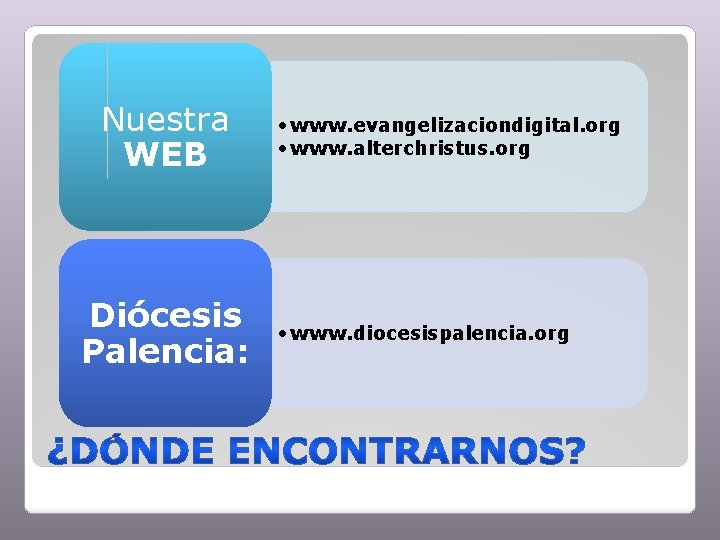 Nuestra WEB Diócesis Palencia: • www. evangelizaciondigital. org • www. alterchristus. org • www.