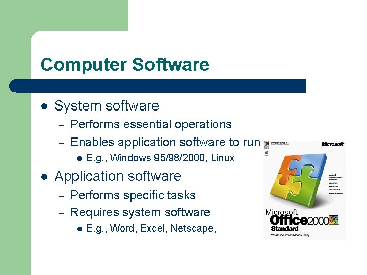 Computer Software l System software – – Performs essential operations Enables application software to