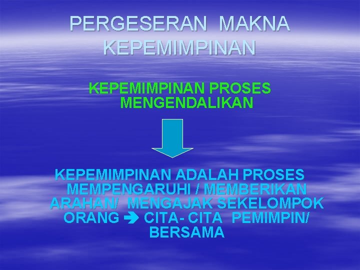 PERGESERAN MAKNA KEPEMIMPINAN PROSES MENGENDALIKAN KEPEMIMPINAN ADALAH PROSES MEMPENGARUHI / MEMBERIKAN ARAHAN/ MENGAJAK SEKELOMPOK