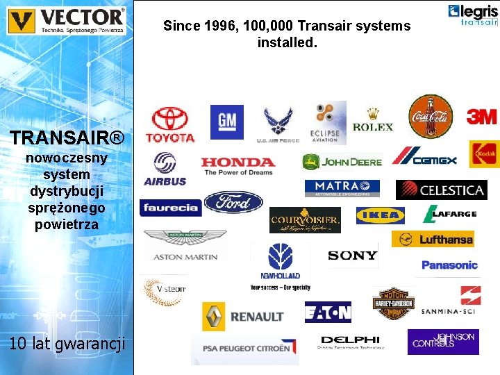 Since 1996, 100, 000 Transair systems installed. TRANSAIR® nowoczesny system dystrybucji sprężonego powietrza 10